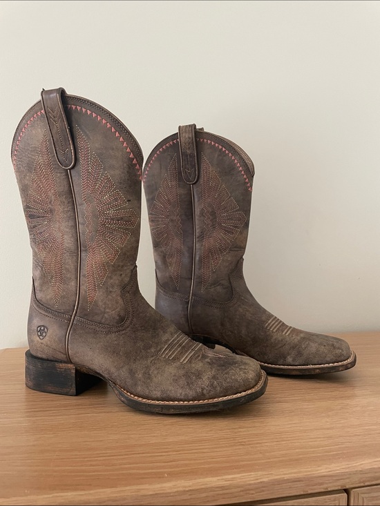 Ariat Shoes - Ariat Distressed Brown Suede Western Heeled Boots with Subtle Pink Stitching